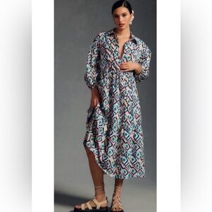 Anthropologie Tiered Geometric Patterned Midi Shirt Dress by Maeve, Size M